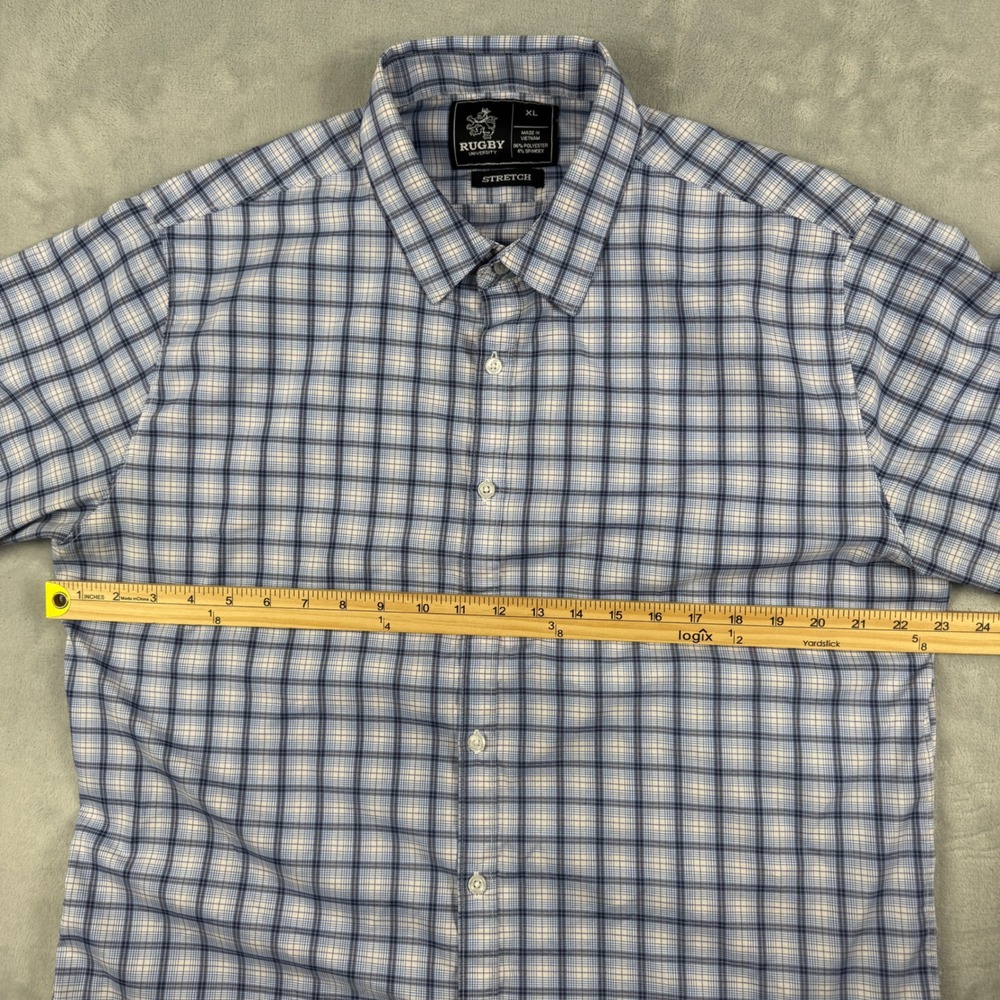 Rugby University Men's Blue White Plaid Stretch Long Sleeve Button Down Shirt XL - Picture 7 of 9
